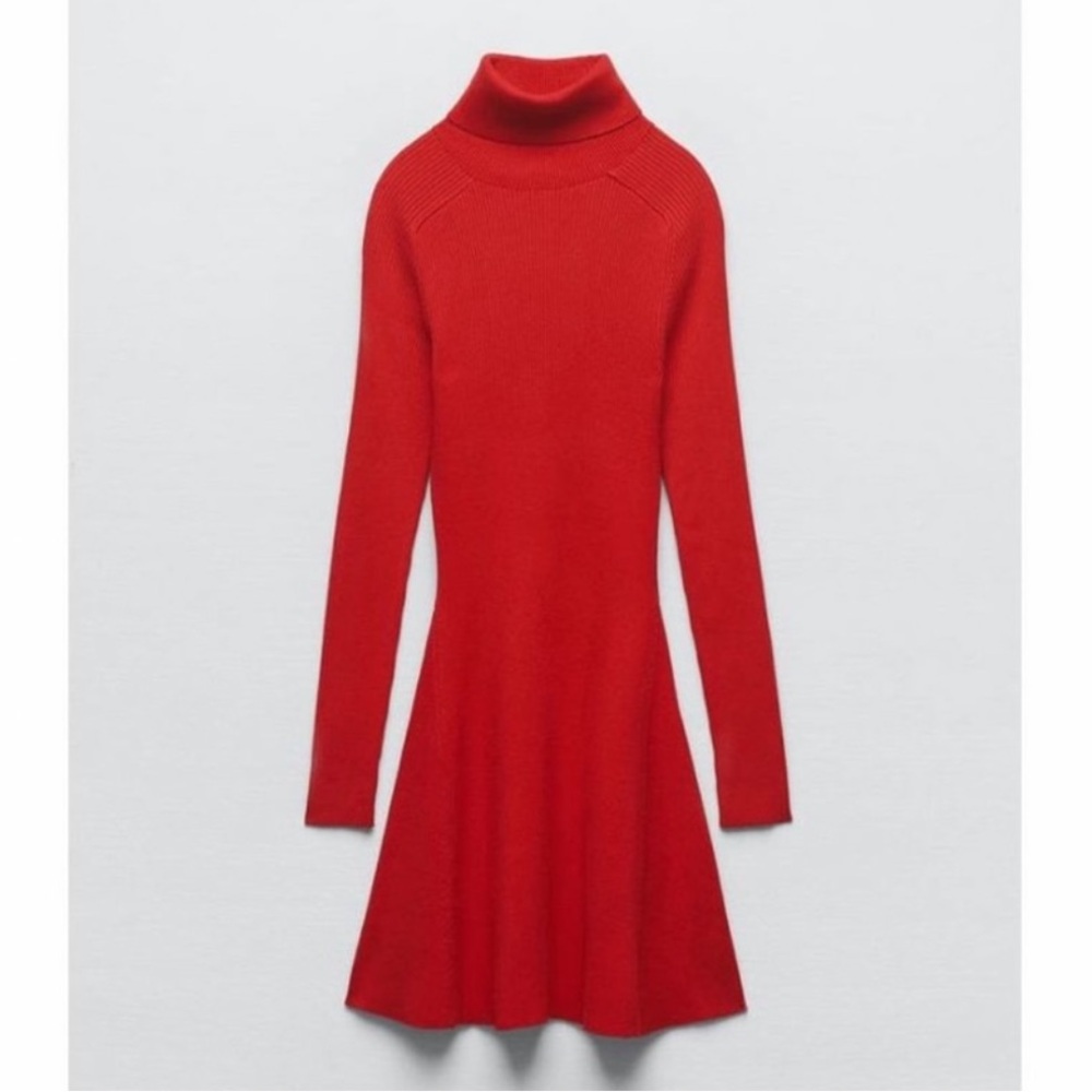 Zara Red Fit and Flare Long Sleeve Cocktail Dress